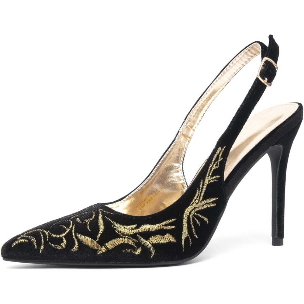 Shoes-NEWBELLA Size 9 Black & Gold Pointed Toe Embroidered Stiletto Back Strap